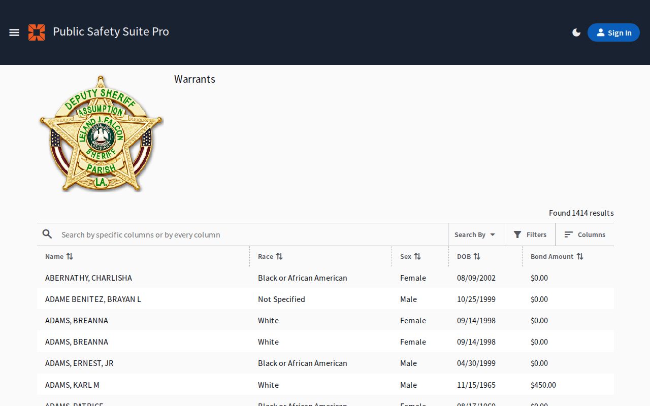 Assumption Parish Sheriff current warrants search interface