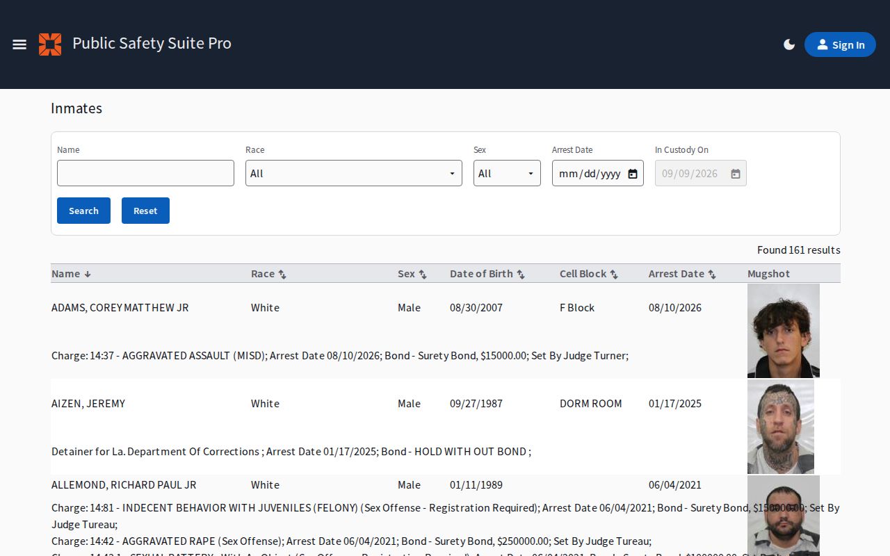 Assumption Parish Sheriff current inmate roster search interface