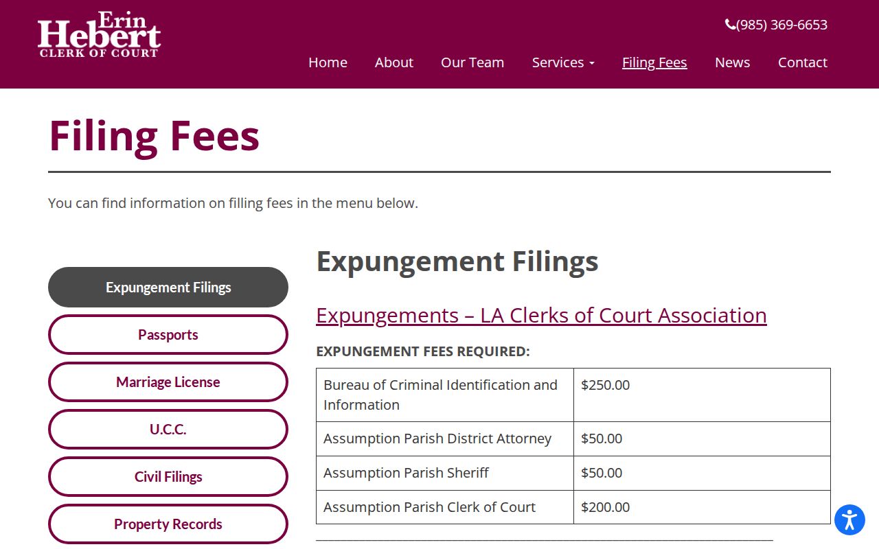 Assumption Parish Clerk expungement filing fee instructions